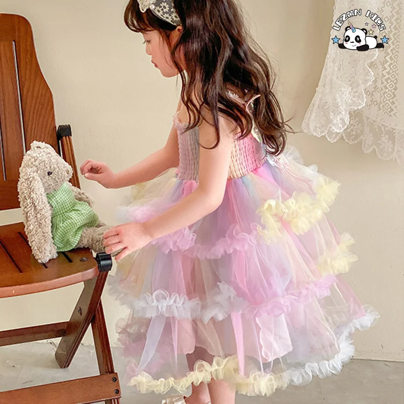 LEZONKIDS - Summer New Fashion Neon Slip Dress Baby Girls Layered Princess Short Sleeves Western Style Ball Gowns Design Mesh Dress